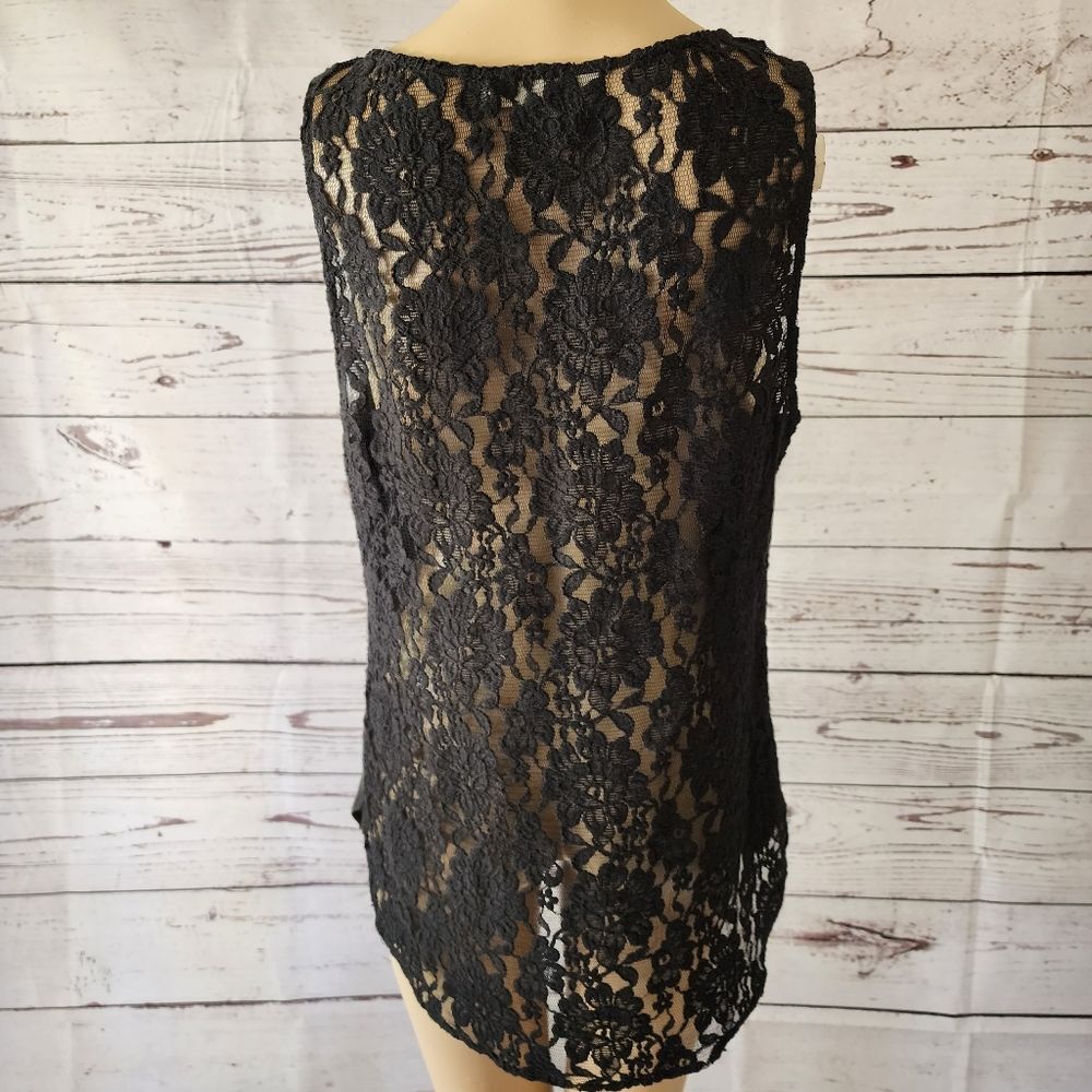 Robbi & Nikki Black Floral Lace Sleeveless Top 100% Silk Front - Medium